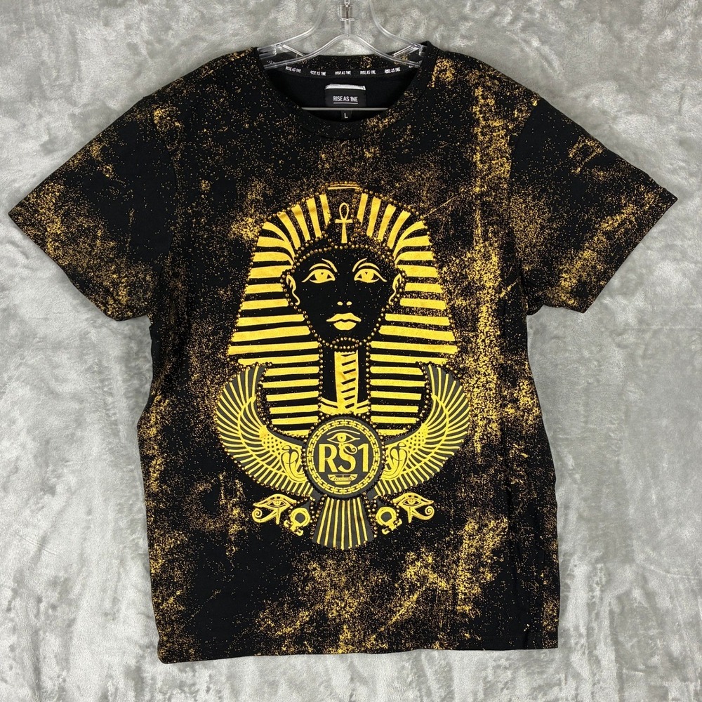 Rise As 1ne Mens Egyptian Pharaoh Graphic T-Shirt Black Gold Splatter Large RS1